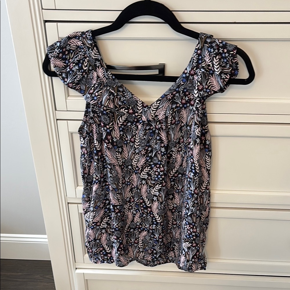 LOFT Black and Pink Ruffled Cap Sleeve Blouse